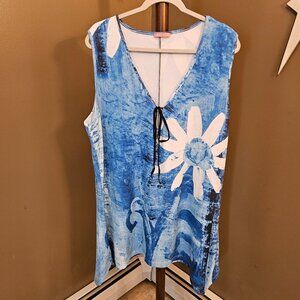 Simply Aster, Plus Size 3X, Blue and white bathing suit cover up